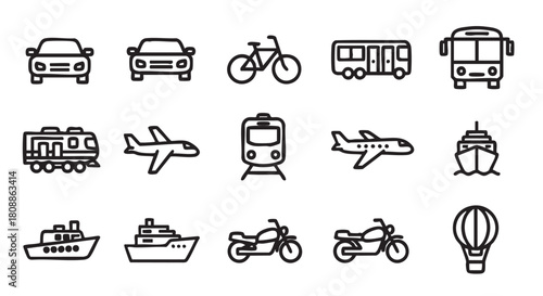 Diverse transportation methods vector icons set on white background illustration