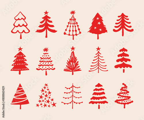 A collection of doodle style Christmas tree illustrations. Festive holiday tree illustrations for seasonal patterns, cards, gift wrap, and winter decoration.