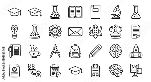 Doodle Education and Science Icon Set in Black and White Style