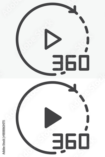 360 degrees video vector icon set in line and solid different style