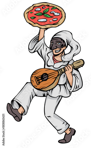 Pulcinella mascot  delivers pizza to Naples. Vector Illustration