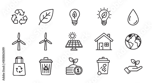Eco friendly black outline icons environmental sustainability and ecological awareness