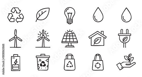 Eco Friendly Icons Renewable Energy and Sustainable Lifestyle Symbols on White