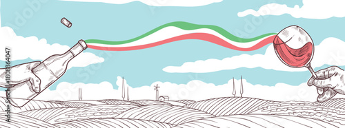 Horizontal banner of Italian Wine and Countryside Celebration. Vector Illustration