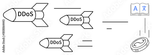 Three DDoS missiles symbolizing cyberattacks aim toward a book representing knowledge and a coin for economy. Ideal for cybersecurity, education, finance, data, technology, risk management, crisis
