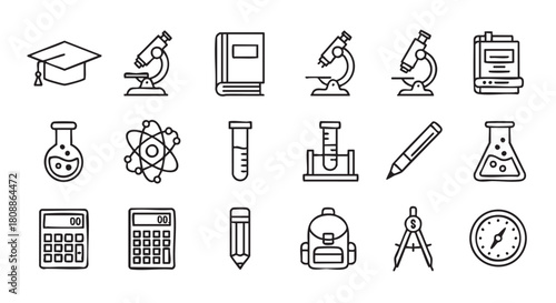 Education and science icon set line art on white background