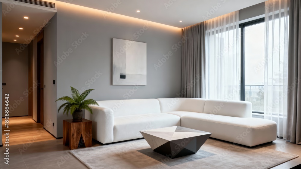 Fototapeta premium Interior Design Modern Living Room Neutral Minimal Geometric Table Soft Light 4K AI 