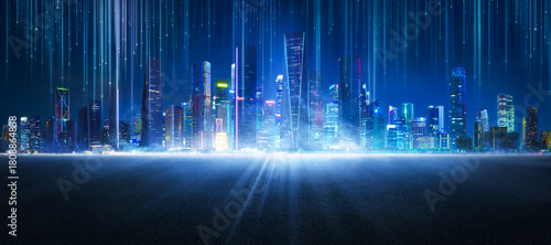 Smart city receiving data with futuristic skyline and light trails