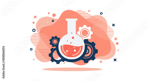 A vibrant illustration showcases a chemistry flask with gears, representing scientific innovation and technological progress against a colorful backdrop.
