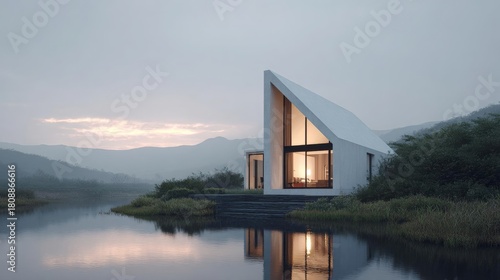 Modern house with a triangular roof, situated on the edge of a lake. the house is white in color and has large windows on the front, allowing natural light to enter the space.