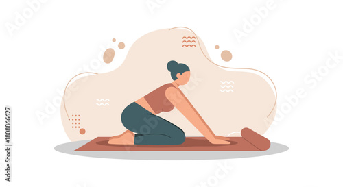 Illustration depicts a woman in sportswear practicing yoga on a mat, promoting wellness and healthy lifestyle with a minimalistic design.