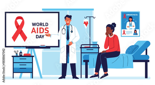 Doctor in a hospital room showing a screen with the Red Ribbon and World AIDS Day text to a female patient. Depicts HIV awareness, healthcare, support, and medical education
