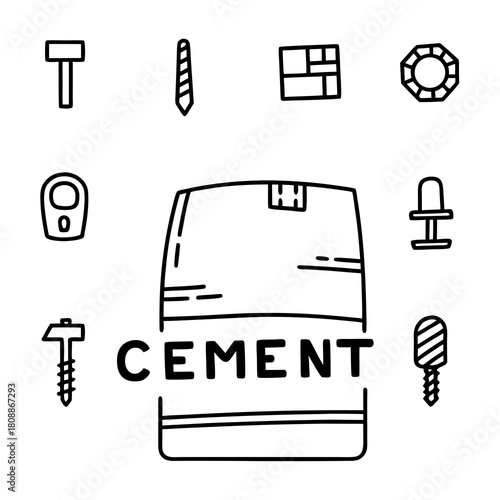 Illustration of cement bag surrounded by construction tools and building materials in black outline created with generative ai