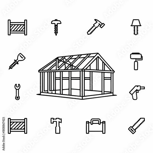 Illustration of a house frame with various construction tools such as screws, hammer, and toolbox around it created with generative ai