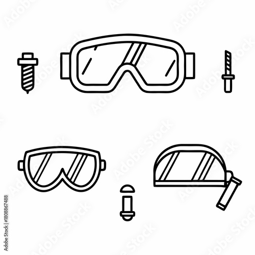 Outline drawing showcasing safety goggles, screws, and a small knife in a simple arrangement style created with generative ai