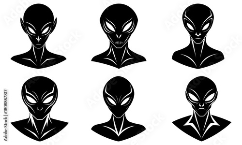 Collection of six stylized black alien portraits with varying head and neck designs in vector format