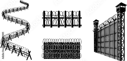 Black fence barbwire silhouettes. Trench war, fencing for house, close area, prison or military facility. Simple style neoteric vector