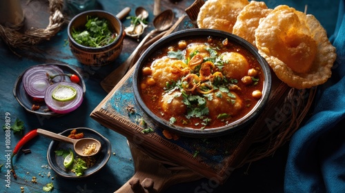 Delicious Traditional Indian Dish with Crispy Puri and Flavorful Curry in Vibrant Setting
