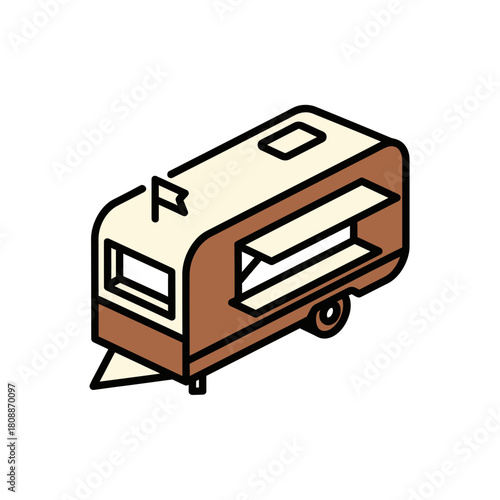 Isometric Brown and Beige Food Truck with Open Serving Windows and Flag
