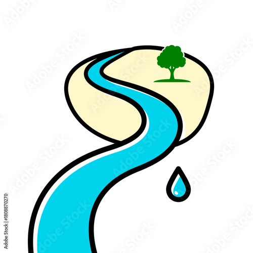 Stylized River Flowing with Tree and Water Droplet Illustration