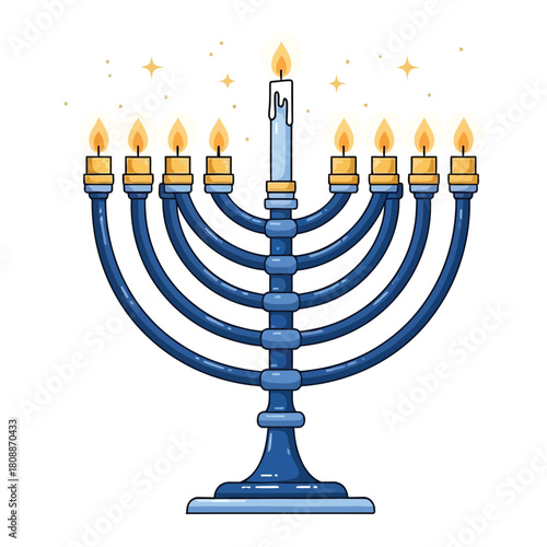 Vibrant blue candelabrum with nine glowing candles, symbolizing the joyful festival of lights, perfect for seasonal celebrations and cultural observances
