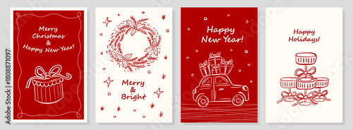 Merry Christmas and Happy New Year set of greeting card, poster, holiday cover.