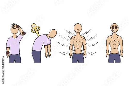 Symptoms of illness. Joint pain and headache, fatigue, muscle aches, conjunctivitis, red and sore eyes, and teary eyes. Color vector illustration. Isolated on white background. 