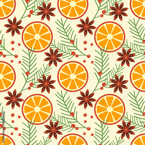 Christmas orange pattern. Anise stars, spruce branches and orange slices. Christmas vibe.