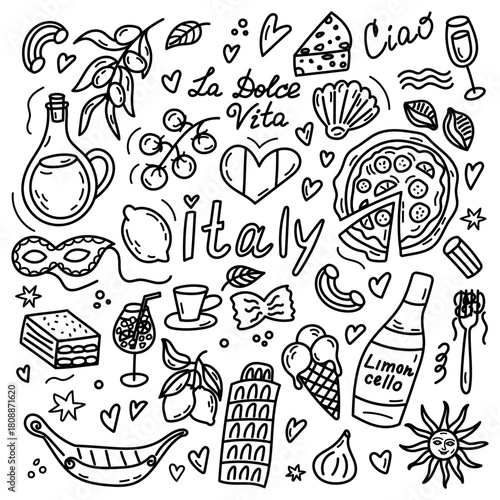 Hand drawn Italy travel doodle set with iconic symbols