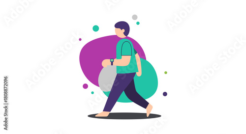 An illustrated man walks forward, showcasing a healthy lifestyle, with a smartwatch, set against a vibrant background of colorful shapes.