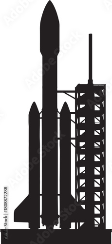 Black and white Rocket Silhouette in Assembly and Launch Phases on White Background