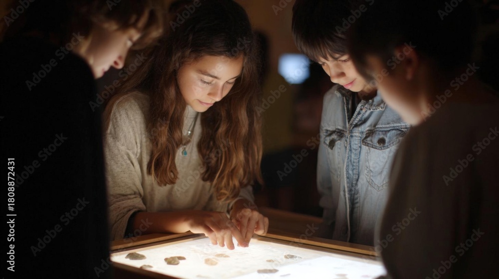 Fototapeta premium Group of four young children, two boys and two girls, gathered around a table in a dimly lit room. they are looking intently at a small display screen that is placed on the table.