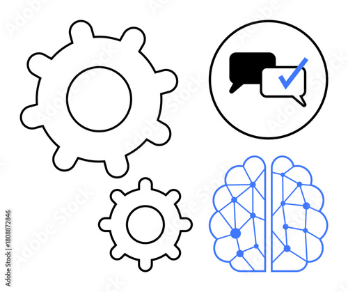Gears, interconnected neural brain diagram, and dialog bubbles with checkmark emphasize collaboration, AI, machine learning, neural network, problem-solving, communication teamwork. Ideal