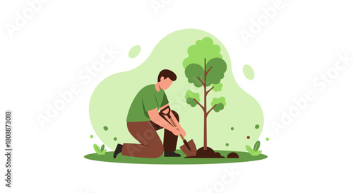 An illustration depicts a man planting a tree, symbolizing environmental stewardship and the importance of nature conservation for a greener future.