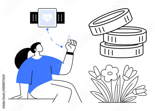 Woman interacting with smartwatch for health tracking, stack of coins representing wellness investment, flowers symbolizing growth and balance. Ideal for wellness, finance, health tracking