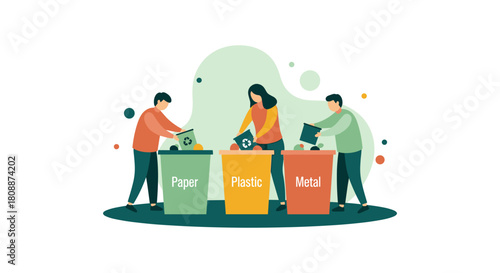 A diverse group of people actively sorting waste into designated recycling bins, promoting environmental responsibility and sustainability efforts.