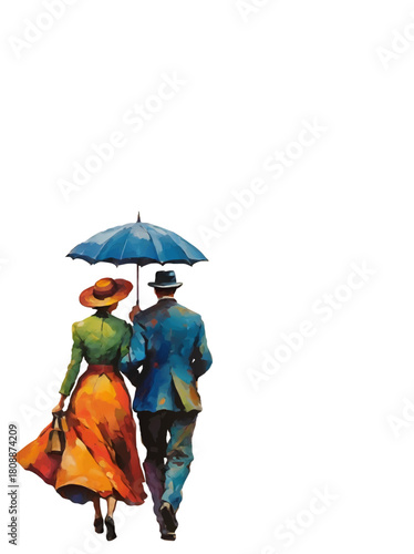 strolling vintage couple with umbrella backside vector painting ornament with white area for insertion