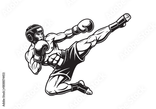 Muscular fighter doing kick isolated on for martial arts promotion