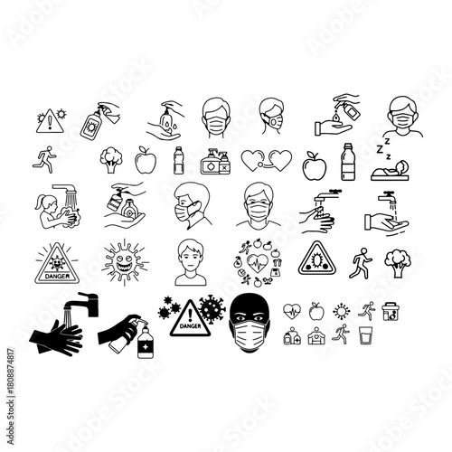 Wash hands silhouette Use sanitizer icon Wear mask silhouette Germ danger symbol Healthy lifestyle icons