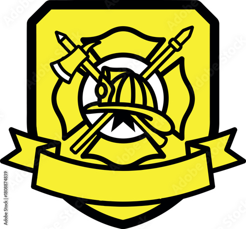 Firefighter shield badge with helmet and crossed tools. Vector