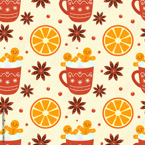 Christmas vibe. Gingerbread men and hot chocolate cups with marshmallows. Pattern with anise stars and orange slices. 