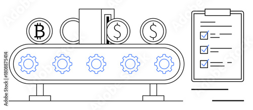 Conveyor belt with gears moving Bitcoin, dollar, and coin symbols. Checklist beside system. Ideal for fintech, automation, cryptocurrency, process management, productivity digital economy simple