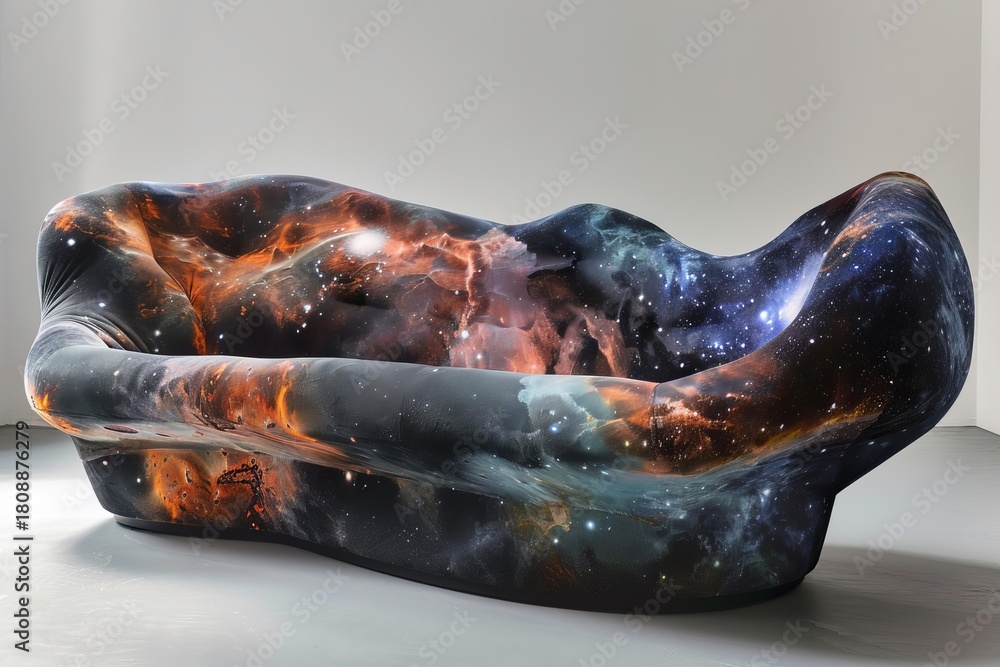 Fototapeta premium Comfortable modern sofa with a striking galaxy print upholstery stands in a minimalist interior design setting, creating a unique and stylish space