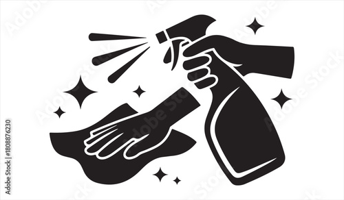 cleaning, spray, bottle, wipe, cloth, hand, hygiene, sanitize, disinfect, icon, sparkle, clean, housework, wash, disinfectant, shine, vector, simple, black, white, minimal, tool, cleaner, housekeeping