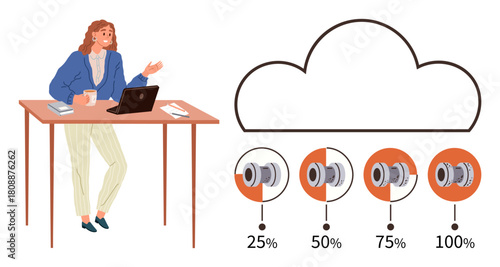 Woman at desk with laptop, coffee, and documents explaining data cloud storage progress indicators. Ideal for technology, data monitoring, analytics, storage optimization, teamwork, education simple