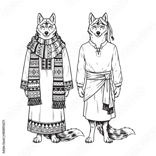 Two anthropomorphic wolf characters in traditional clothing isolated on design