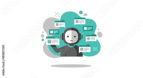 A modern illustration shows a robot surrounded by digital interfaces, representing artificial intelligence and online communication concepts.