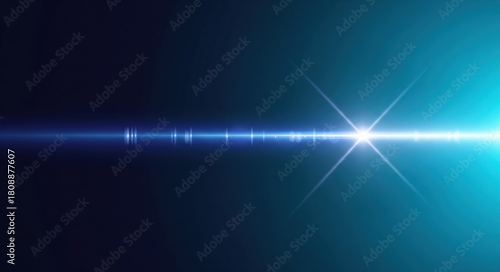 Obraz premium Abstract blue to cyan horizontal light streak with bright lens flare and glowing bokeh