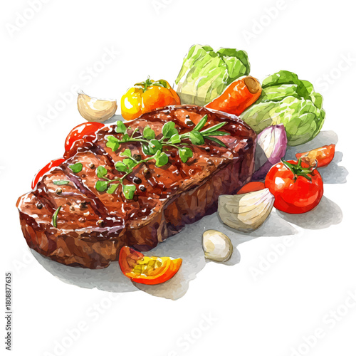 Natural isometric watercolor illustration of Sirloin Steak, soft detailed vector artwork on a plain white background.