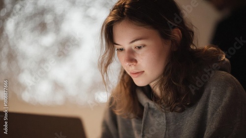 Close-up portrait of a young woman sitting in front of a laptop. she is wearing a grey hoodie and has shoulder-length brunette hair.